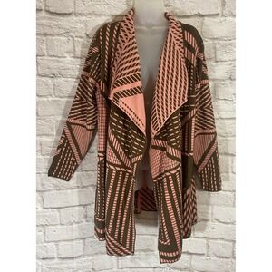 Isaac Mizrahi Live M Pink Brown TRUE DENIM Geo Jacquard Cardigan Sweater NEW